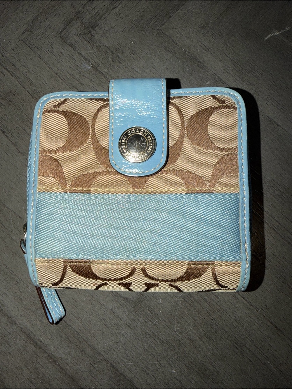 Coach Canvas Wallet in Tan and Light Blue Patent Trim
